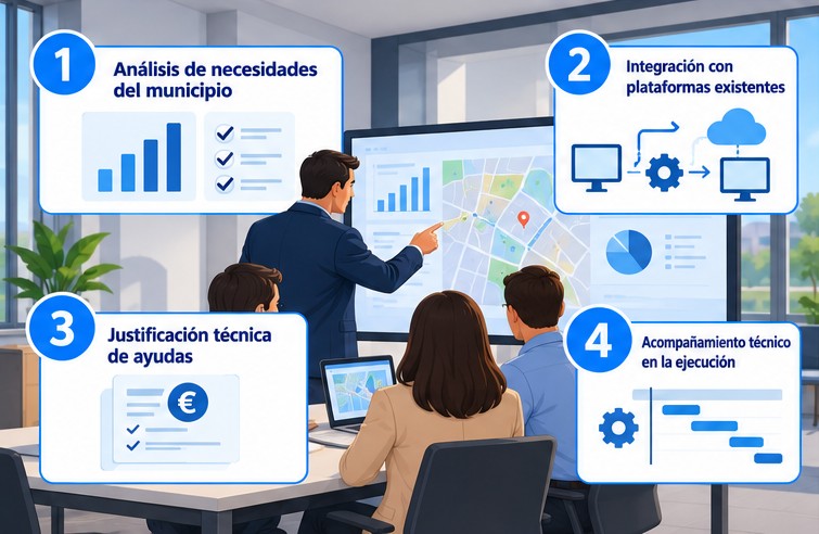 Smart City Consultancy: 1 análisis de necesidades del municipio; 2 integración con plataformas existentes; 3 justificación técnica de ayudas; 4 acompañamiento técnico en la ejecución