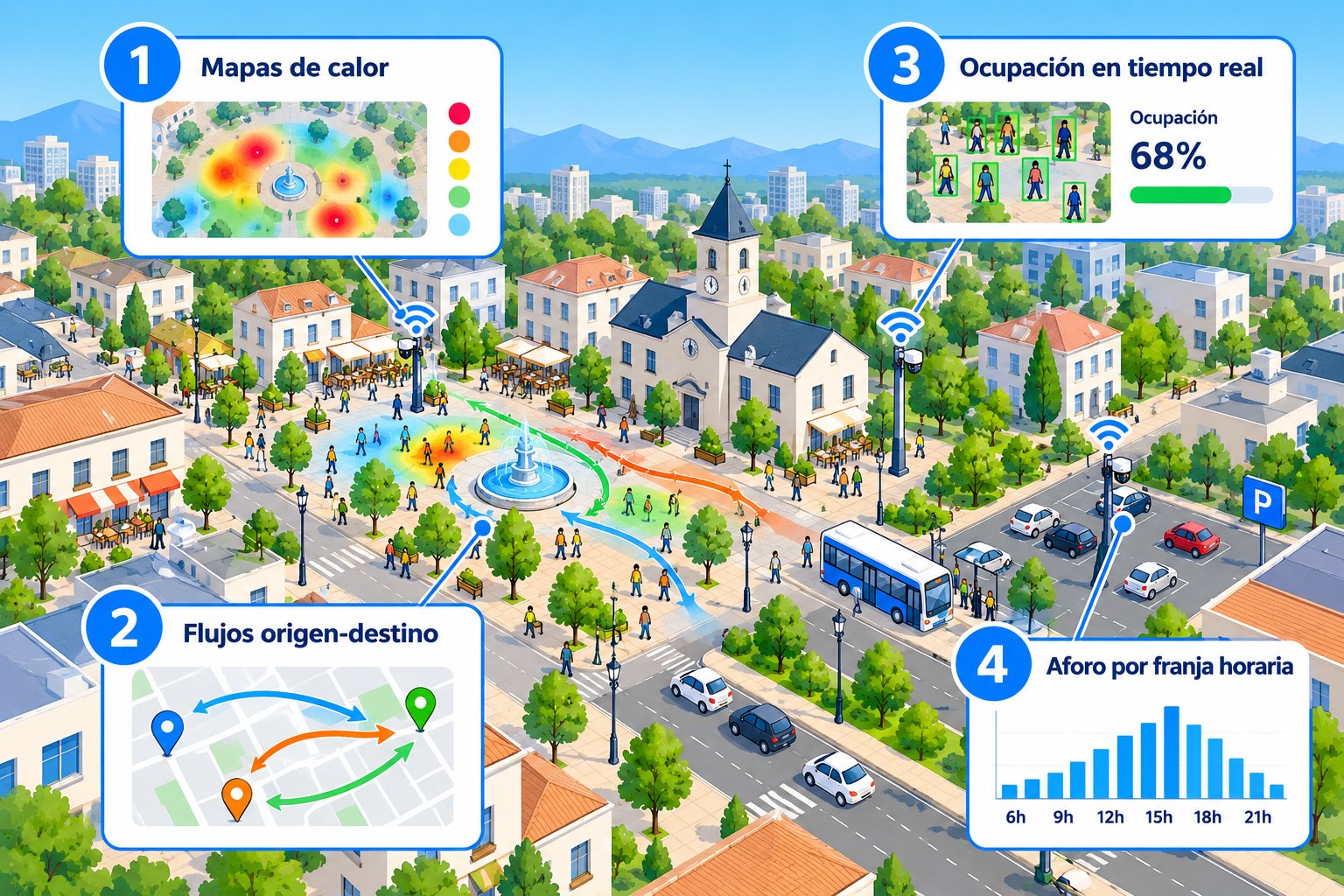 Smart Tourism: 1 mapas de calor de las zonas con mayor concentración de personas; 2 flujos origen-destino entre puntos de interés; 3 ocupación en tiempo real; 4 aforo por franja horaria a lo largo del día