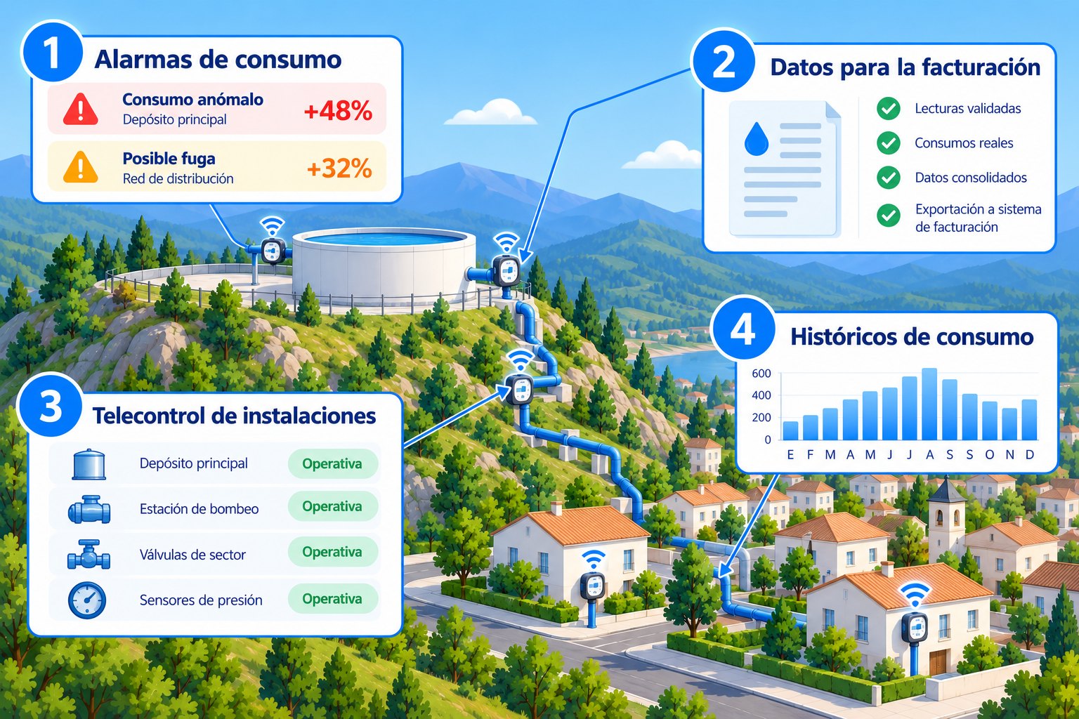 Smart Water: 1 alarmas de consumo; 2 datos para la facturación; 3 telecontrol de instalaciones; 4 históricos de consumo