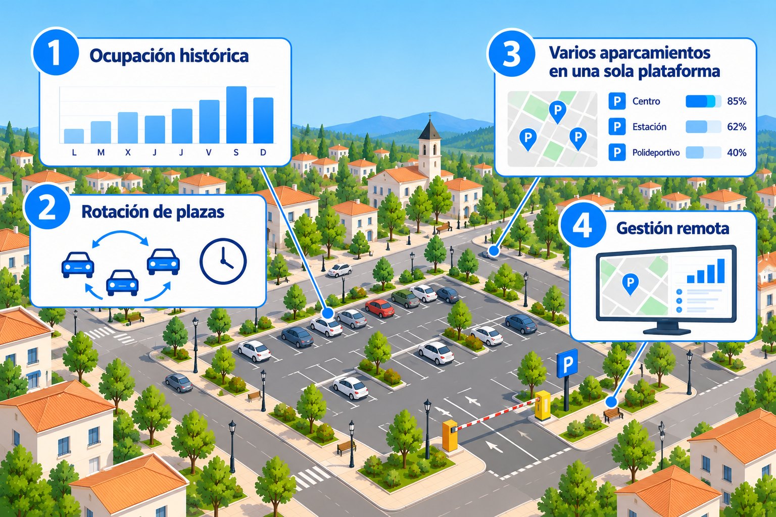 SmartParking: 1 ocupación histórica; 2 rotación de plazas; 3 varios aparcamientos en una sola plataforma; 4 gestión remota