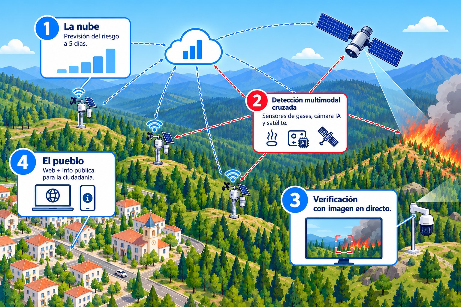 SmartVigilance: 1 la nube, previsión del riesgo a 5 días; 2 detección multimodal cruzada con sensores de gases, cámara IA y satélite; 3 verificación con imagen en directo; 4 el pueblo, web e información pública para la ciudadanía